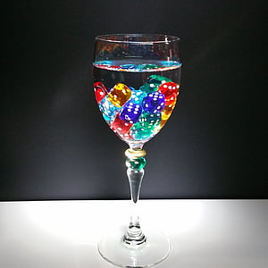 cubo, vidro, sorte, dados de sorte, copo de vinho, colorido, jogar