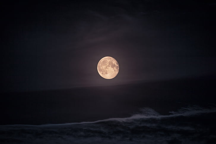 luna, noapte, plajă, apa, lumina lunii, cer, luminoase