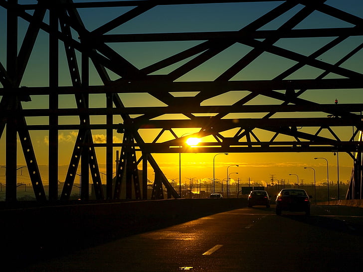 Skyway, Chicago, brug, Illinois, ochtend, verkeer, zonsondergang
