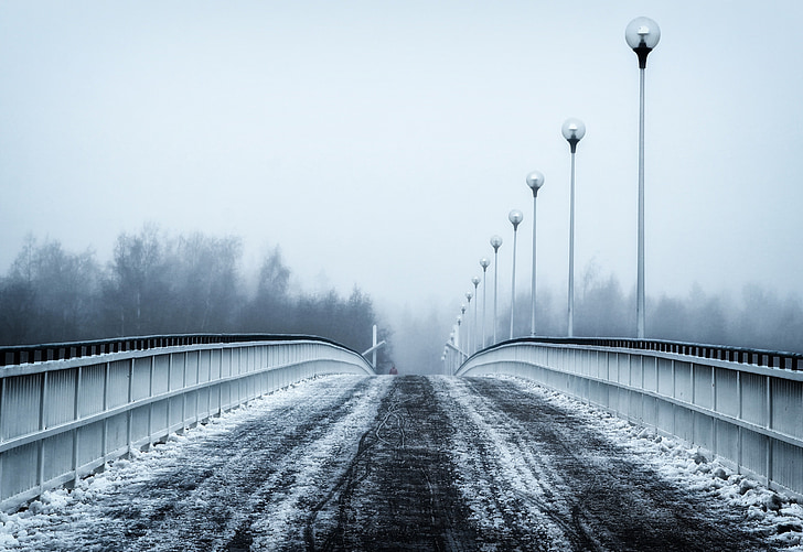 finland, bridge, winter, snow, ice, sky, trees