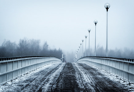Finlandia, Most, zimowe, śnieg, lód, niebo, drzewa