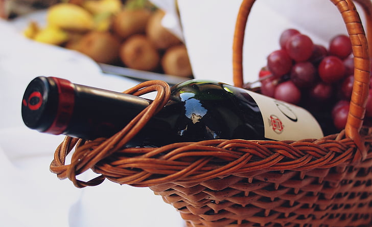 wine, bottle, brown, wicker, basket, grapes, restaurant