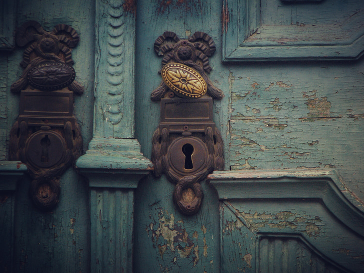 cửa, xử lý, màu xanh, chìa khóa, mở, cánh cửa cũ, cũ