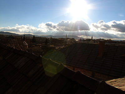 roofs, buildings, sky, blue, esztergom, clouds, rays of the sun