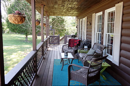 porch, country living, covered porch, summer, deck, log cabin, outdoors