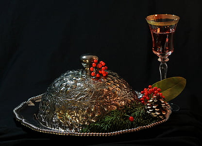 holiday still life, christmas party, edwardian silver repousse, cover, lid, tiffany tray, decorations