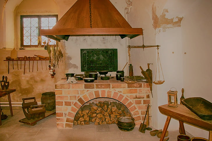 köök, Ajalooliselt, kamin, puit, kasutatavad seadmed, muuseum, HDR pilt