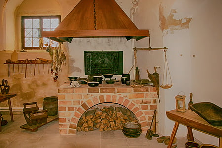 kök, historiskt sett, öppen spis, trä, köksmaskiner, museet, HDR-bild