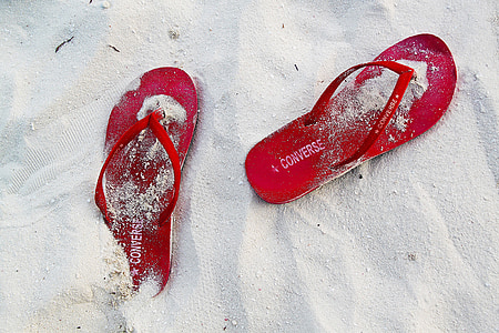 Flip-flops, sandales, balta, mīksts, smilts, pludmale, sarkana