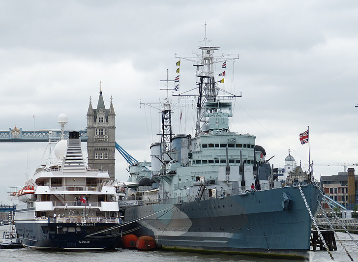 okręt wojenny, Tower bridge, Londyn, River thames, Anglia, Wielka Brytania, Most
