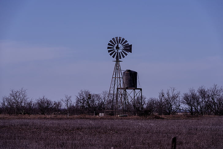 windmill, water, tower, rural, landscape, dusk, twilight