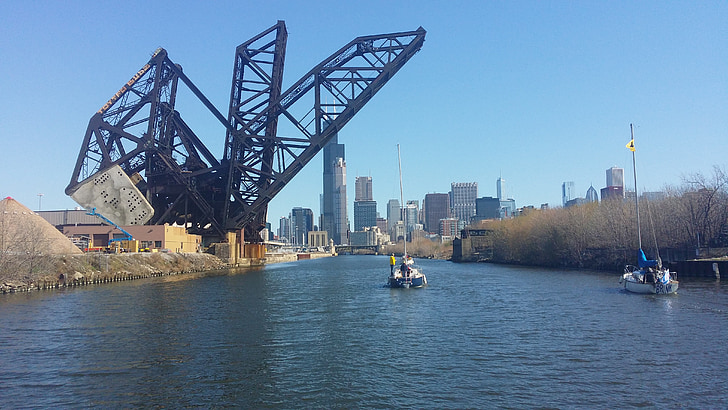 Bridge, Chicago, arkitektur, floden, staden, moderna, båtar
