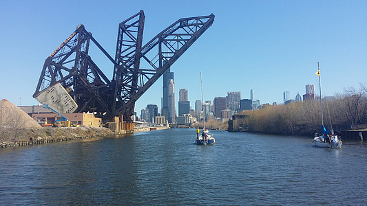 Pont, Chicago, arquitectura, riu, ciutat, moderna, embarcacions