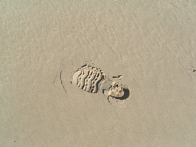 voetafdruk, zand, strand, korrels van zand, sporen, patroon, uittreksel van het strand