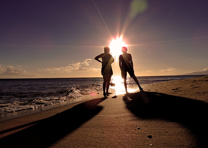 silhouettes, beach, people, sunset, summer, ocean, vacation
