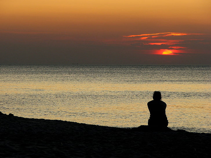 sunset, sea, the baltic sea, character, man, woman, evening
