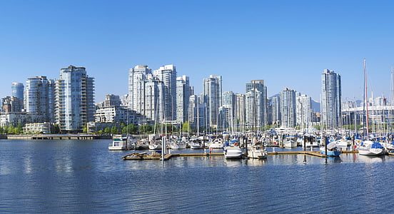 Port, condominis, embarcacions, Vancouver, arquitectura, horitzó, ciutat