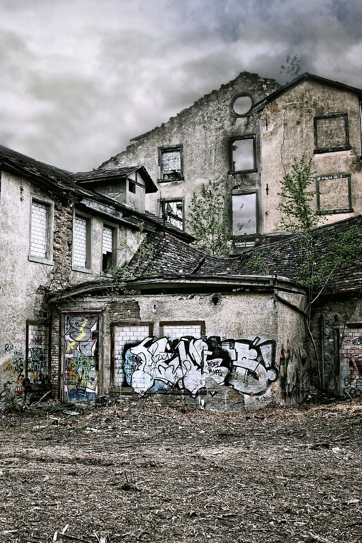 industrie, gebouw, crash, verval, oude huizen, voormalige draaiende molen, graffiti