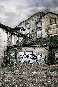 indústria, edifici, accident, càries, antigues cases, fàbrica de filats ex, graffiti