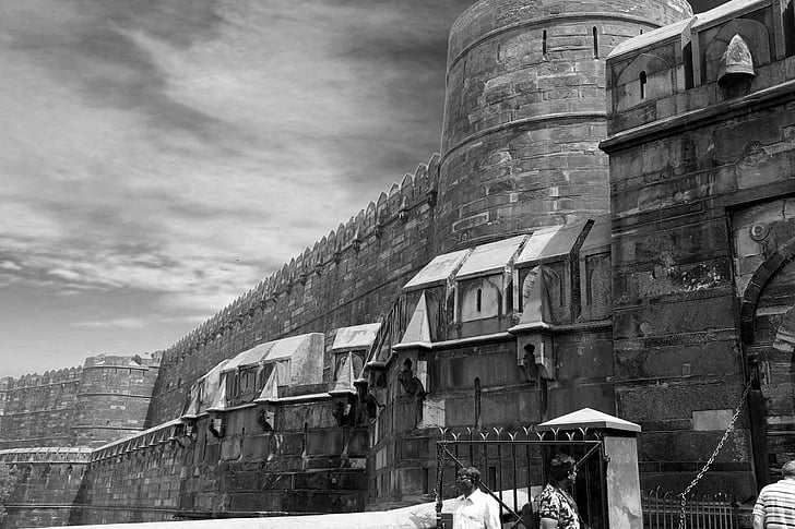 AGRA fort, crno i bijelo, Kraljevski, pozadina, zid, Arhitektonski, vanjski dio