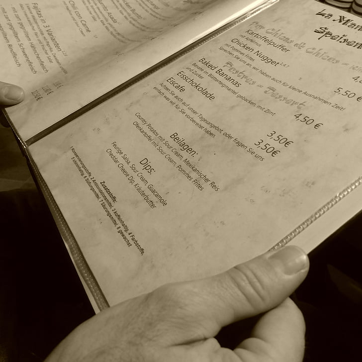 menú, Llista de begudes, local, Restaurant, mà, llegir, decisió