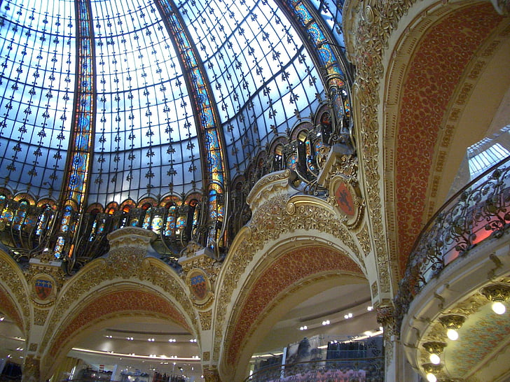 cúpula de vidro, Galeria lafayette, Lafayette, vista do teto, Paris, França