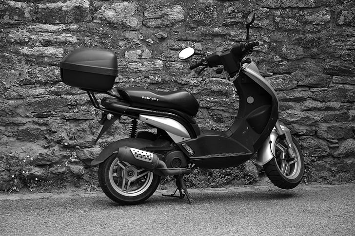 скутер, две колела, Транспорт, градски, превозно средство, мотоциклет, Черно и бяло