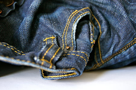 tyg, sy, byxor, kläder, söm, jeans, blå