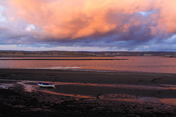 Sunset, havet, landskab, båd, England, Devon, Seaside