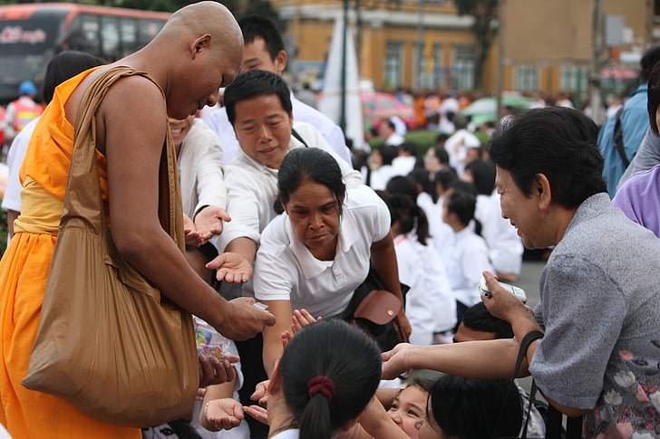 buddhists, monks, buddhism, orange, robes, thai, donation
