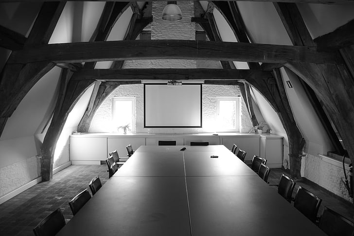 conference, architecture, building, black white, table, beams