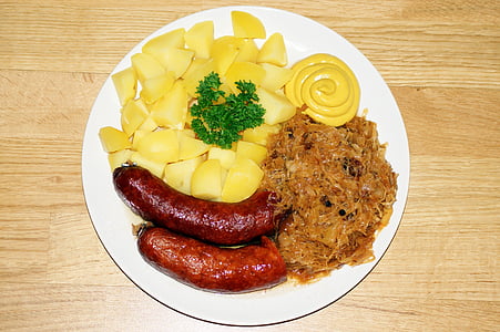 sausage, sauerkraut, potatoes, salt potatoes, mustard, parsley, eat