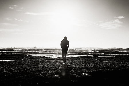 beach, black and white, daytime, landscape, man, ocean, outdoors