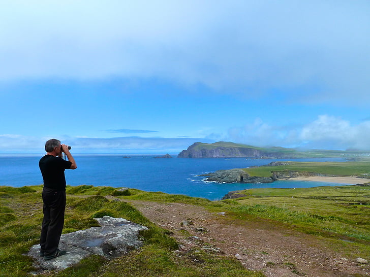 ring of kerry, binoculars, man, looking, spyglass, ireland, coastal
