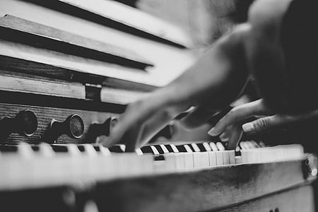grayscale, photography, person, playing, upright, piano, music
