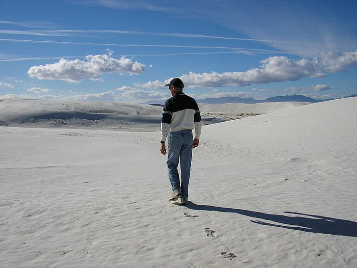 white sands, new mexico, sand, scenic, footprints, shadow, man