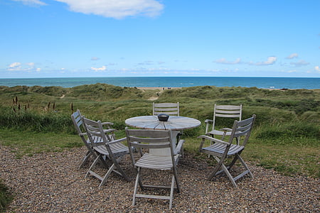 svinkløv seaside hotel, table, chairs, the north sea, dune, sea, chair