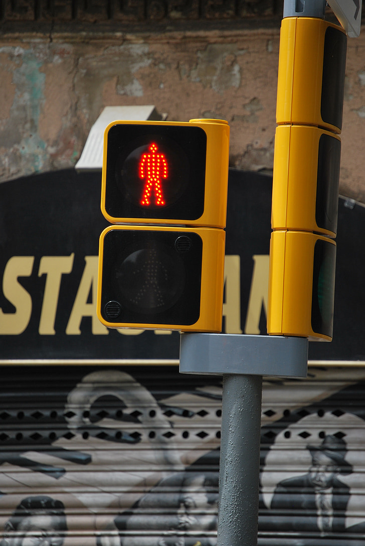 светофар, светлина, червен, пешеходна, град, фасада, детайли