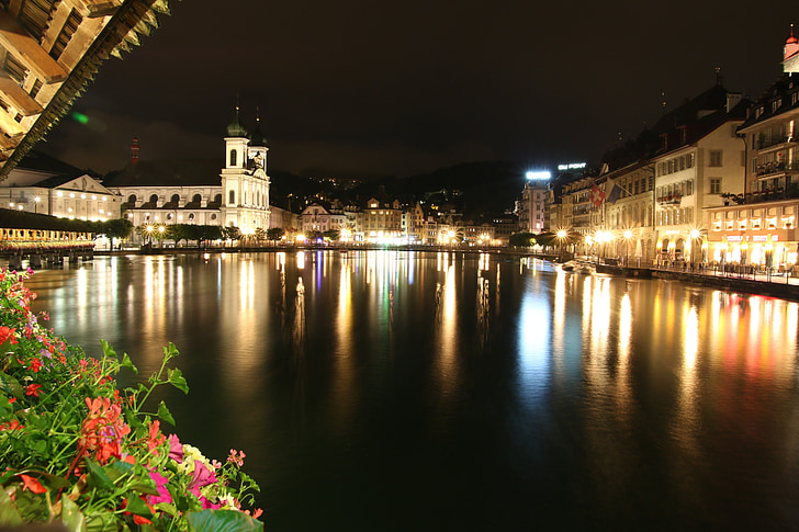 Swiss, vista di notte, bamsi, fiume, riflessioni, esposizione lunga