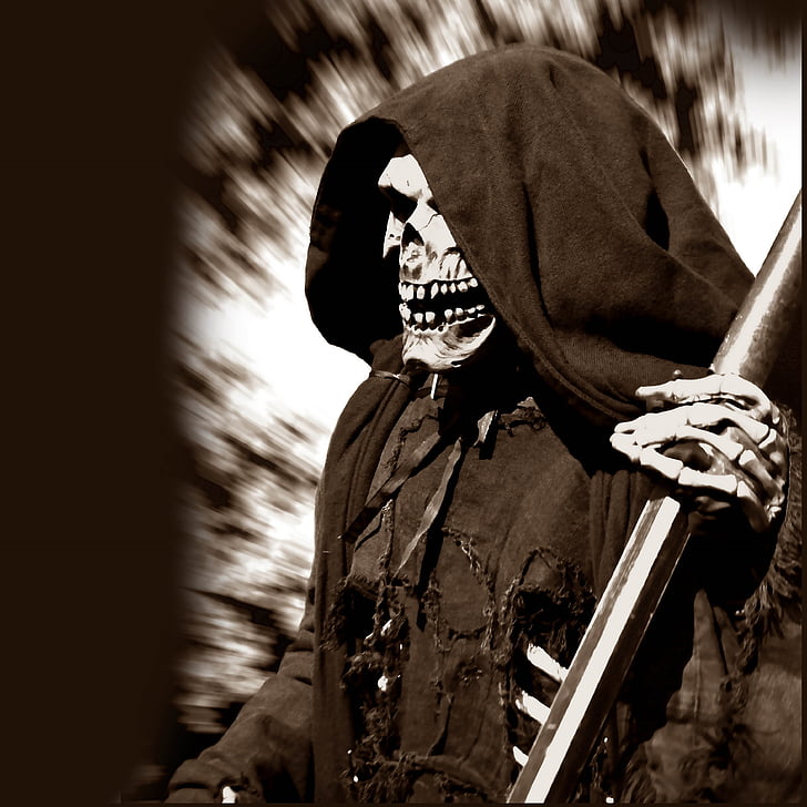 Grim reaper, de dood, man met de zeis, schedel, skelet, afbeelding van de angst, horror