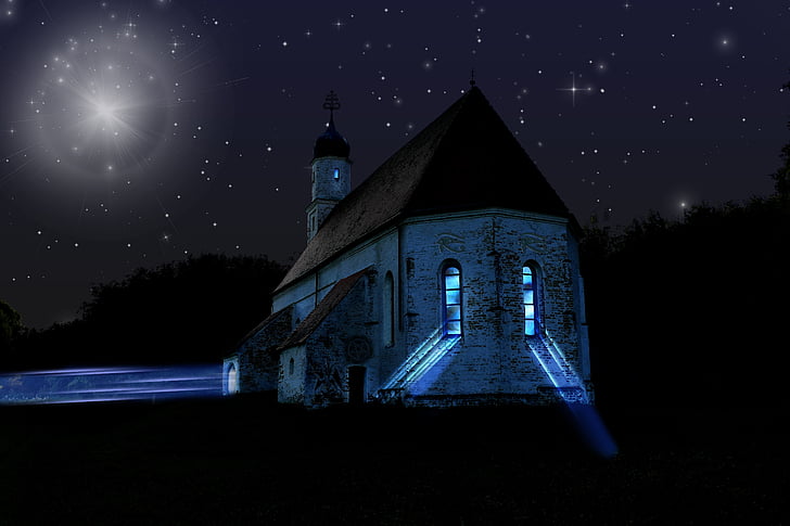 chapel, church, image editing, ruin, night, dark, religion