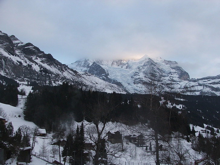 Jungfrau, hegyi, téli, naplemente, hó, természet, táj