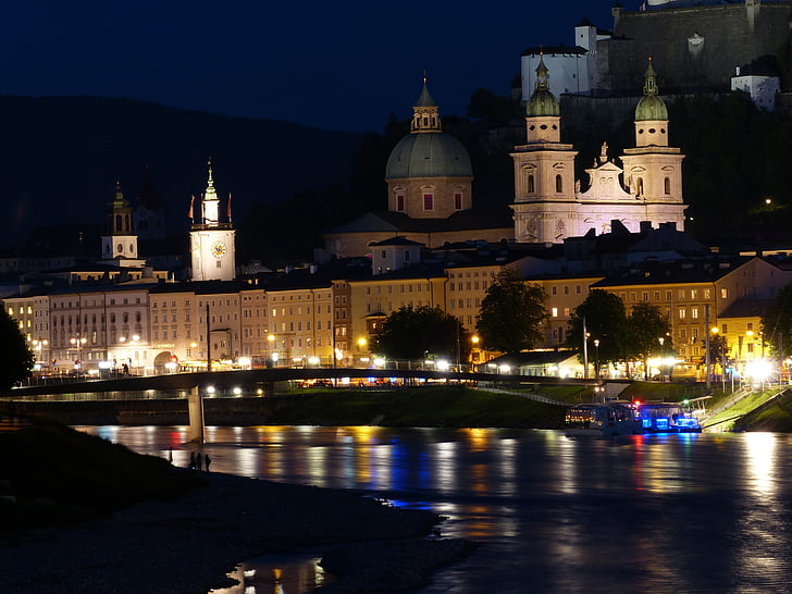 Salzburg, éjszakai fénykép, Salzach, folyó, világítás, éjszaka, sötét