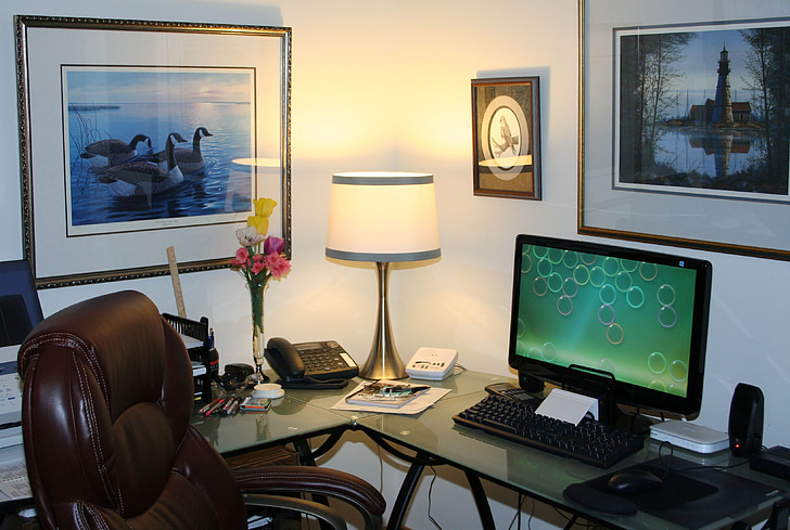 home office, work space, computer, office, desk, table, interior