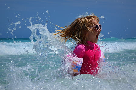 criança, menina, mar, ondas, diversão, oceano, roupa de mergulho