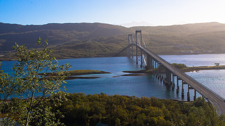 море, пейзаж, фиорд, мост, висящ мост, Норвегия, вода