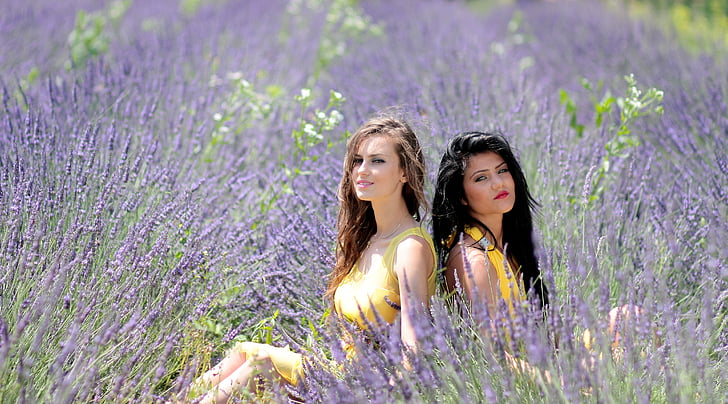 girls, lavender, two, dresses, yellow, beauty