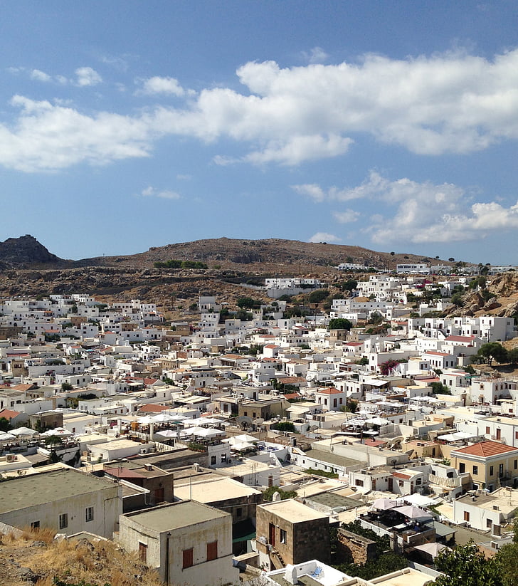 ville grecque, Grèce, ville, maisons, Rhodes, vacances, méditerranéenne