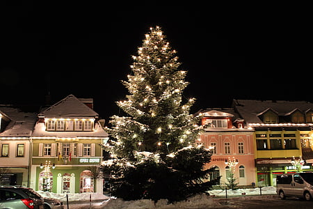 christmas, night photograph, winter, night, snow landscape, snow, illuminated
