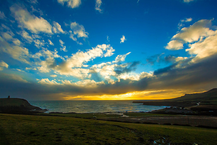 more, zalazak sunca, Dorset, na nebu, oblaci, Horizont, mora